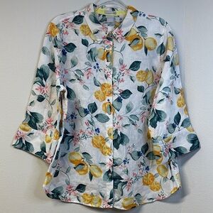 Chico's No Iron Linen Lemon Floral Button Down Shirt Women's 16 EUC